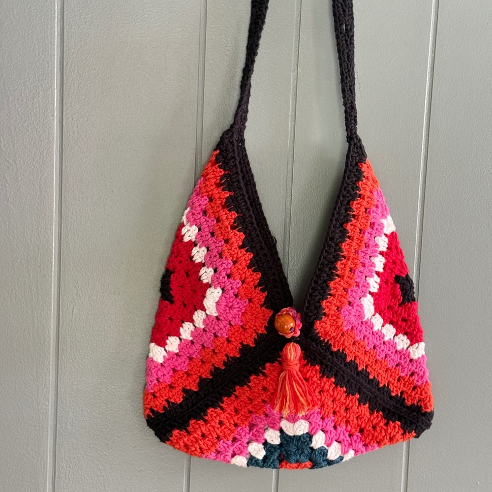 Handmade Crochet Granny Square Shoulder Bag Pink Red Black Boho Tassel Festival